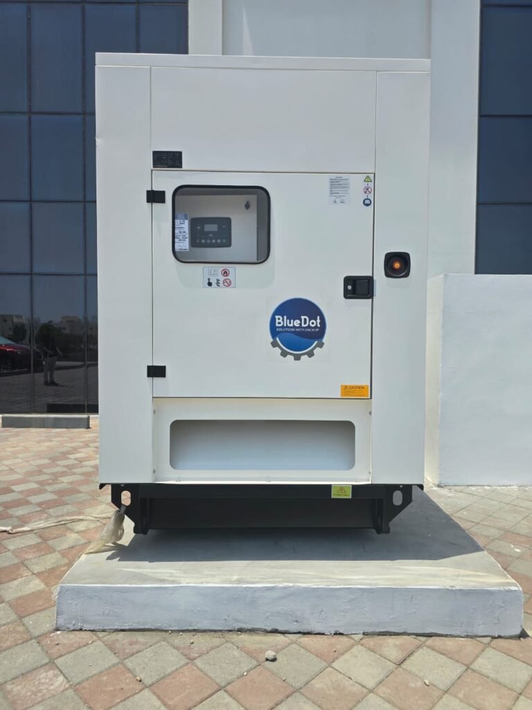 A white diesel generator in open area.