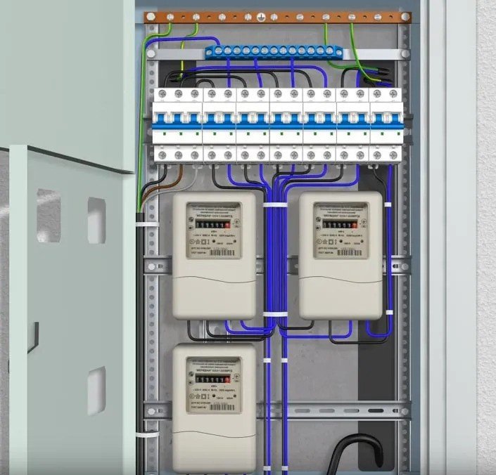 Electric Meters fixed in Box with blue wires in it.
