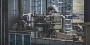 Factory surrounded by high rise buildings with greenery